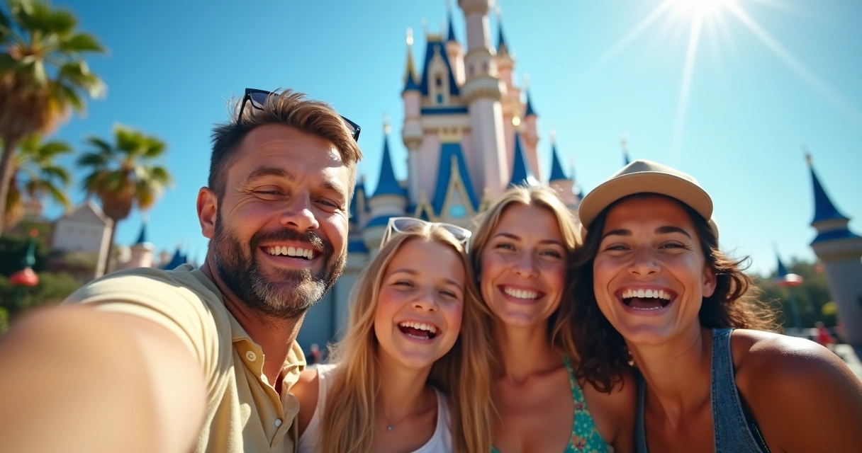 Família feliz tirando selfie em frente a atração temática de Orlando 
