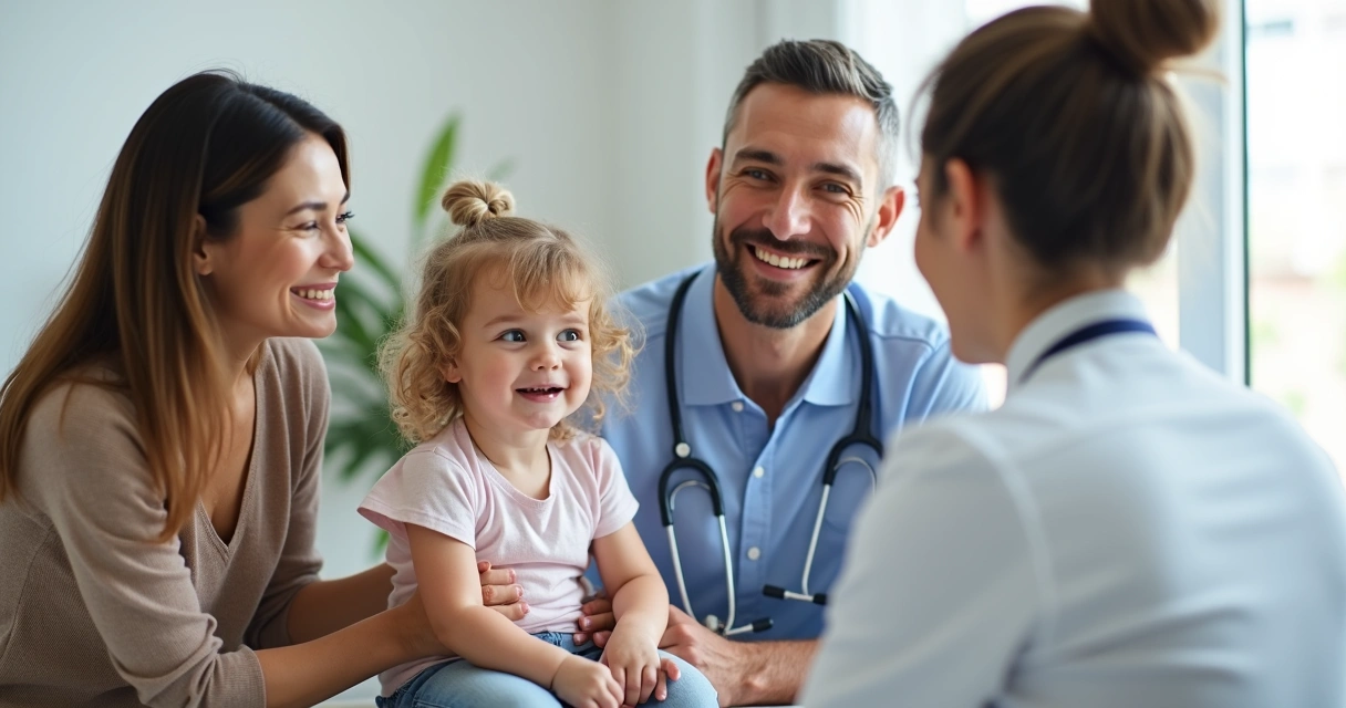 Família feliz sorrindo com pediatra em consultório. 