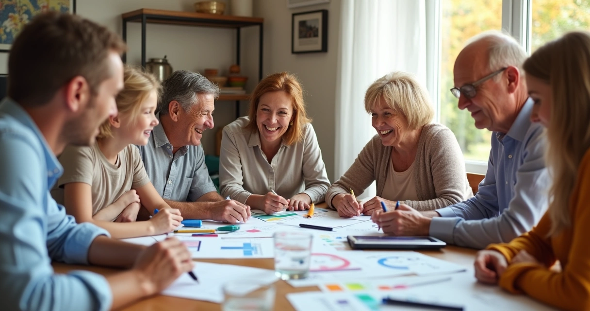 Família feliz reunida ao redor de uma mesa com anotações de planejamento financeiro