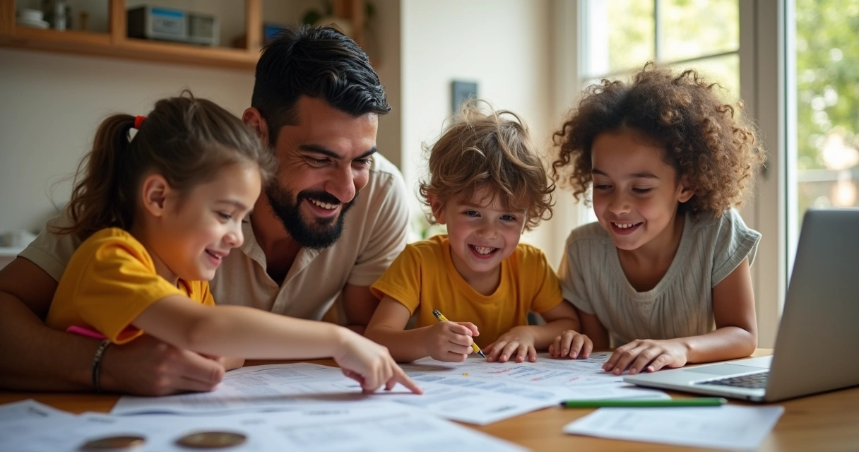 Família sorrindo ao redor da mesa planejando orçamento 