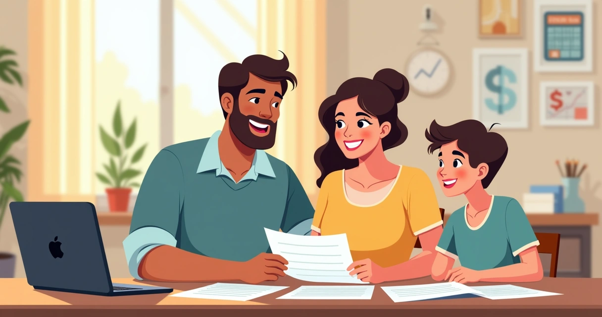 Família reunida sorrindo enquanto analisam papéis em casa 