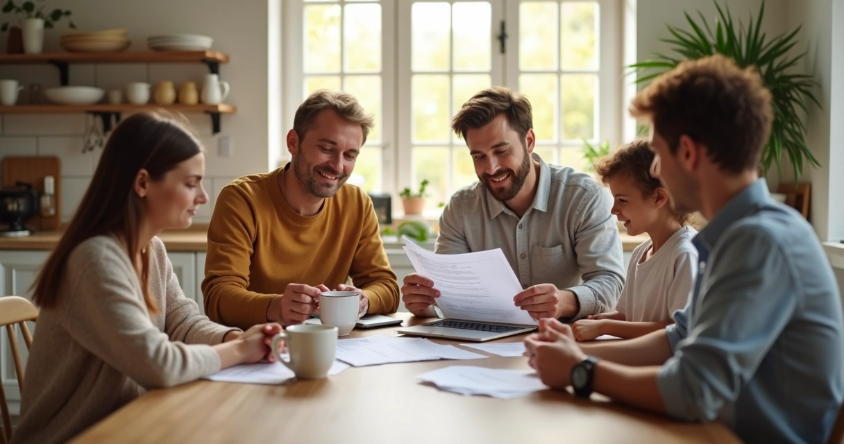 Família feliz consultando plano de saúde e comprovantes 