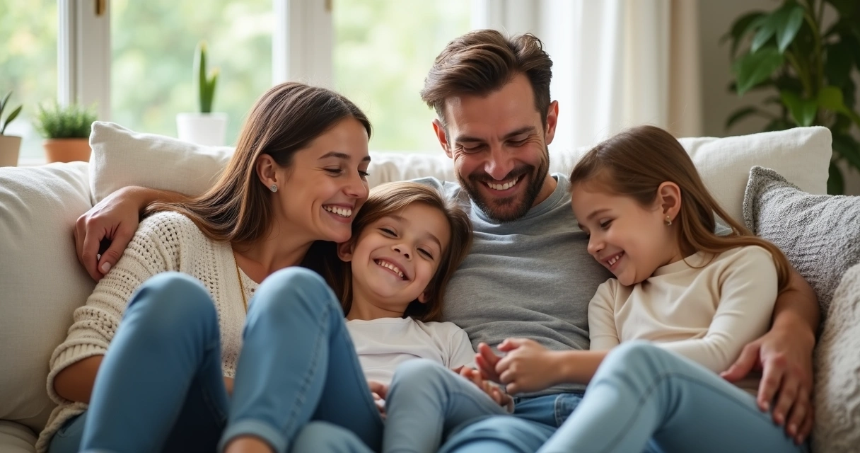 Família unida e feliz em casa, sorrindo no sofá 