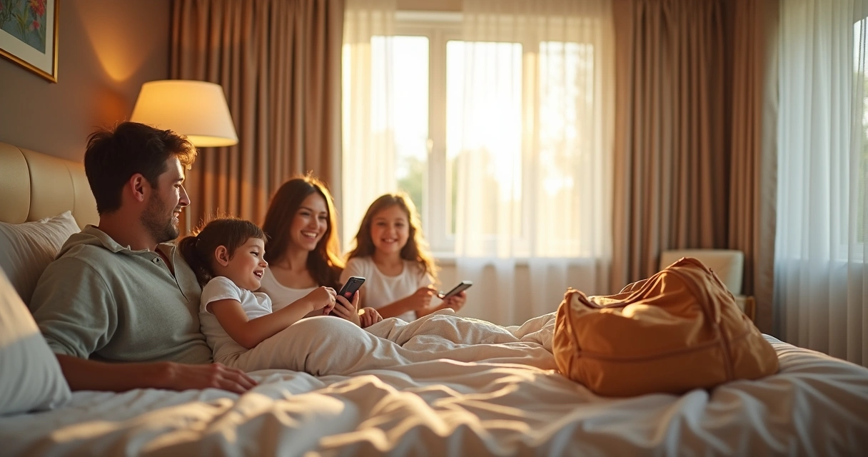 Família feliz em quarto de pousada 