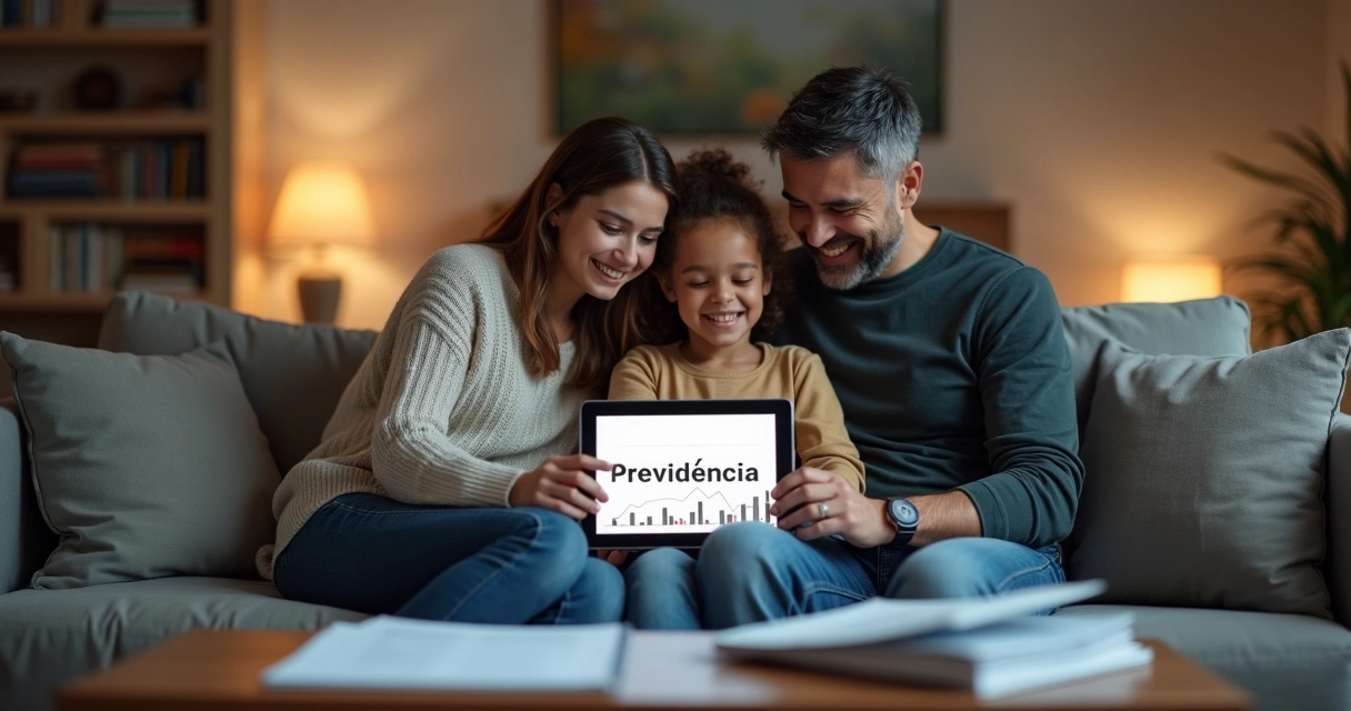 Família sentada no sofá com tablet consultando plano de previdência 