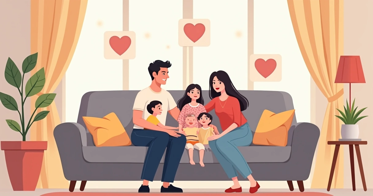 Família tranquila e feliz, sentada em sofá, transmitindo segurança.