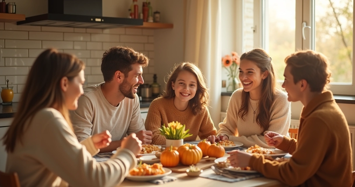Família sorrindo ao redor da mesa, demonstrando gratidão em ambiente acolhedor