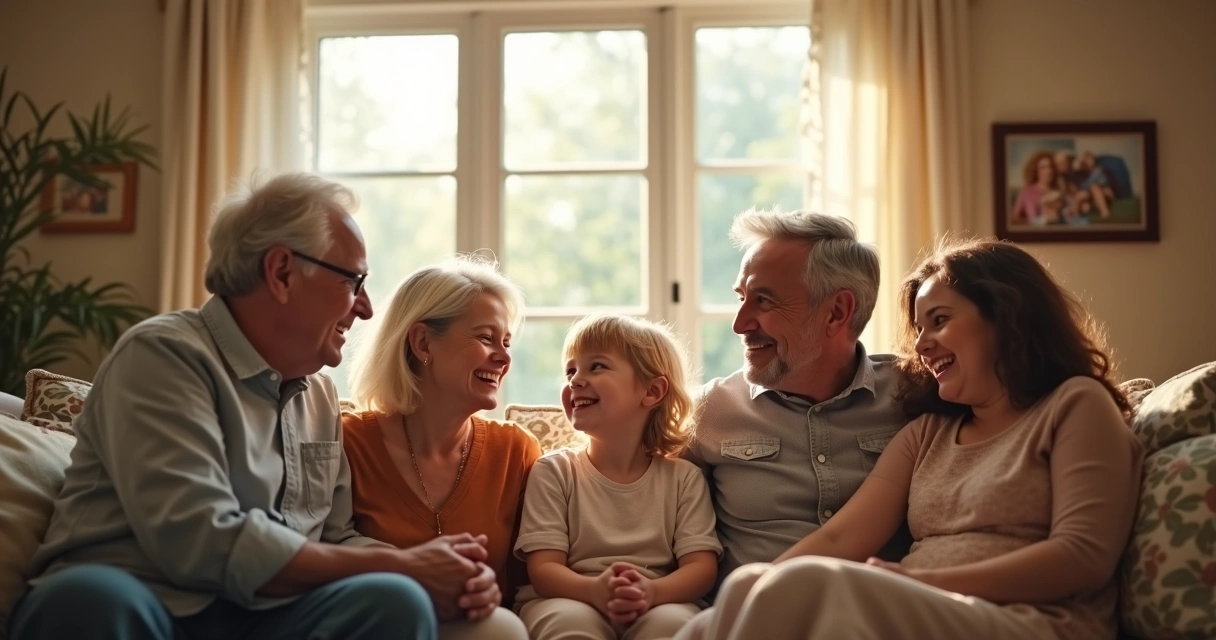 Família reunida em sala de estar, sentados e conversando, clima de harmonia 