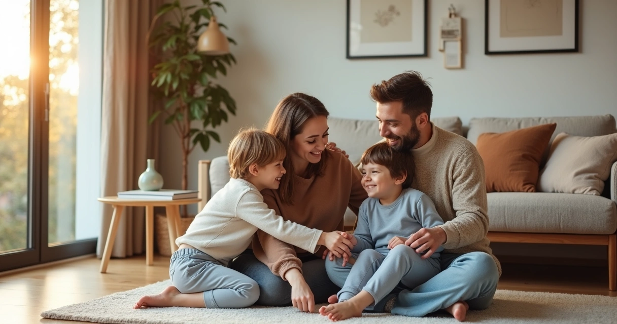 Família reunida sorrindo em círculo na sala de estar 