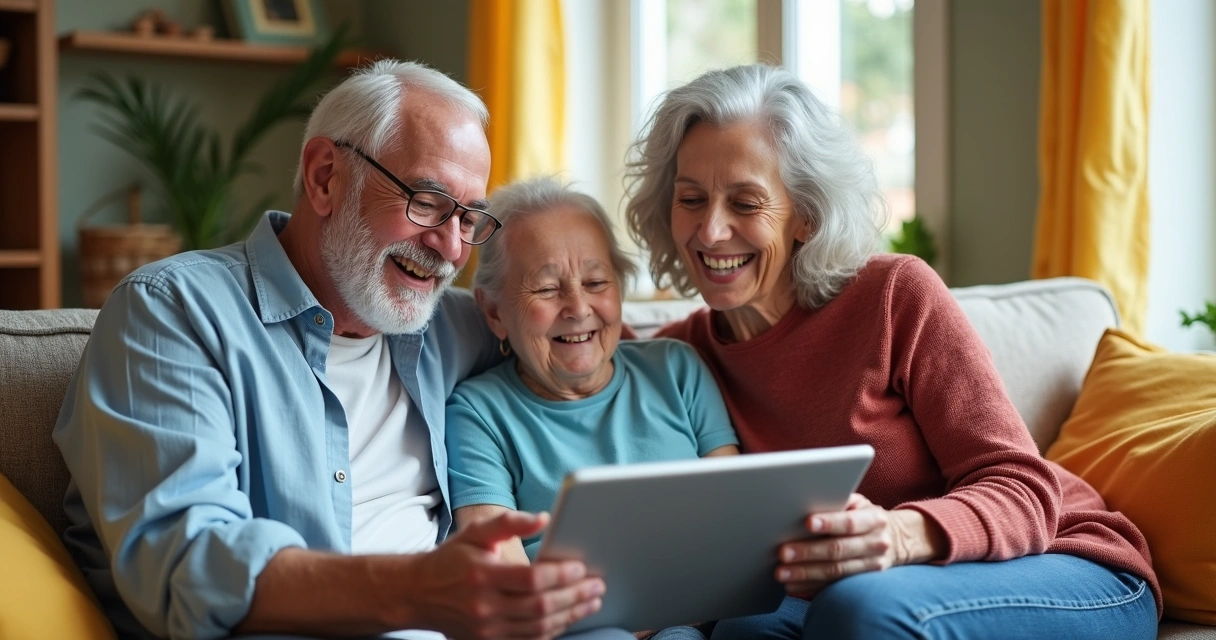Família sorrindo sentada em casa usando tablet 