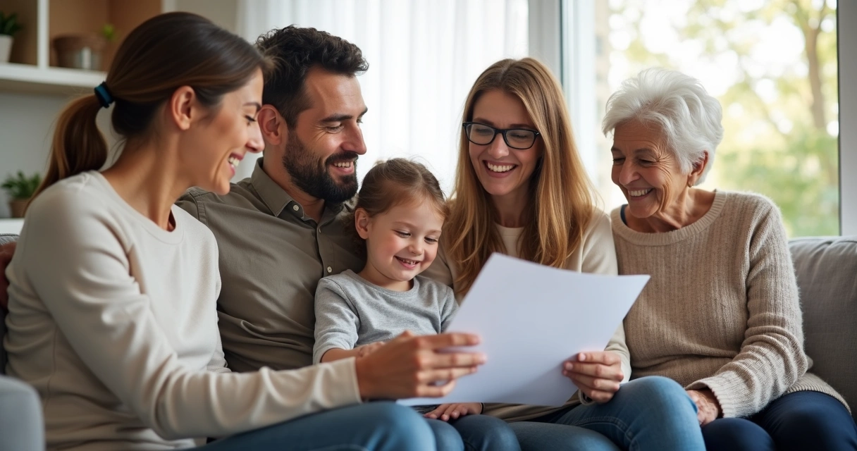 Família sorrindo sentada no sofá, satisfeita com contrato de plano de saúde 