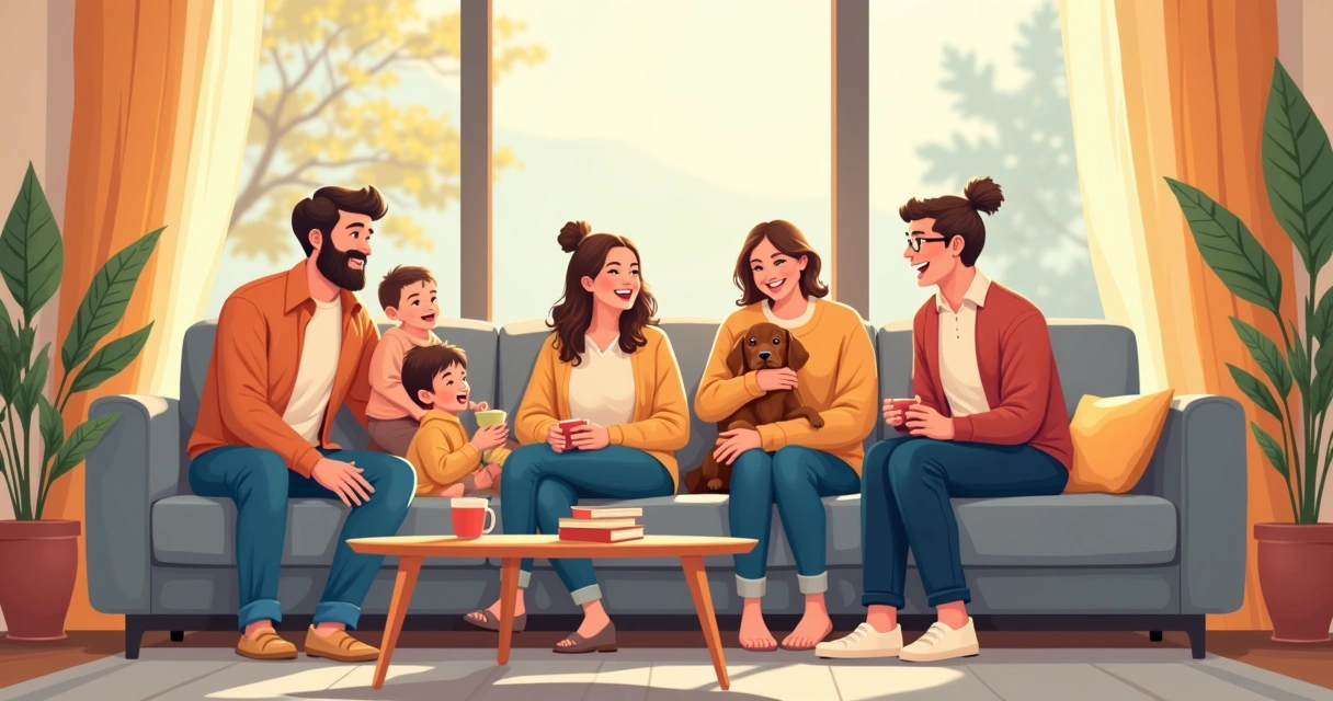 Família relaxando em um sofá limpo e aconchegante 