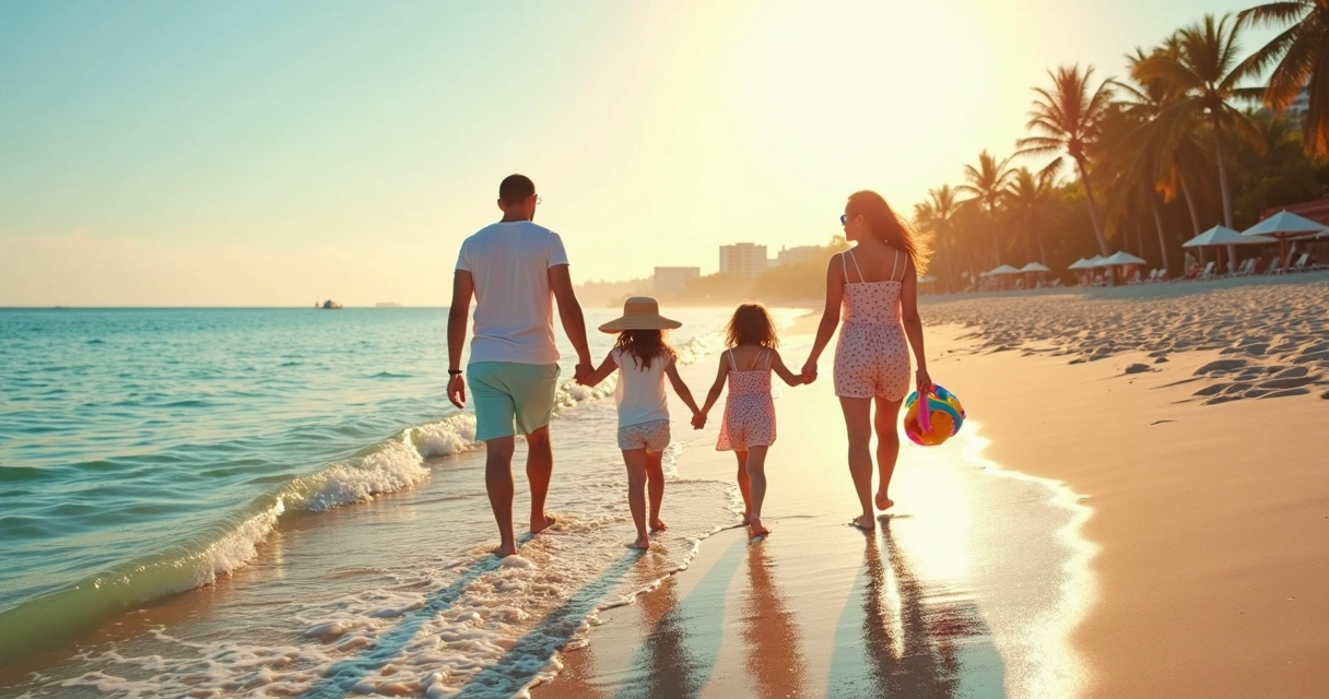 Família caminhando na areia de praia em Florianópolis ao pôr do sol 