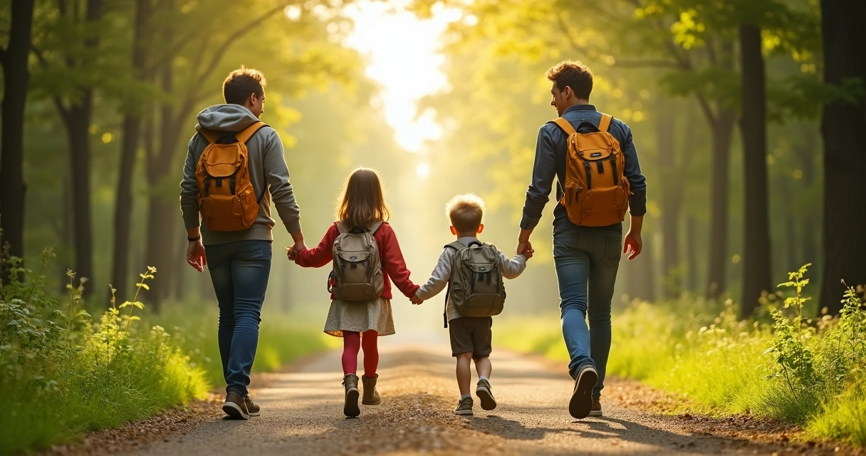 Família caminhando junta em trilha na natureza, com crianças e adultos sorridentes