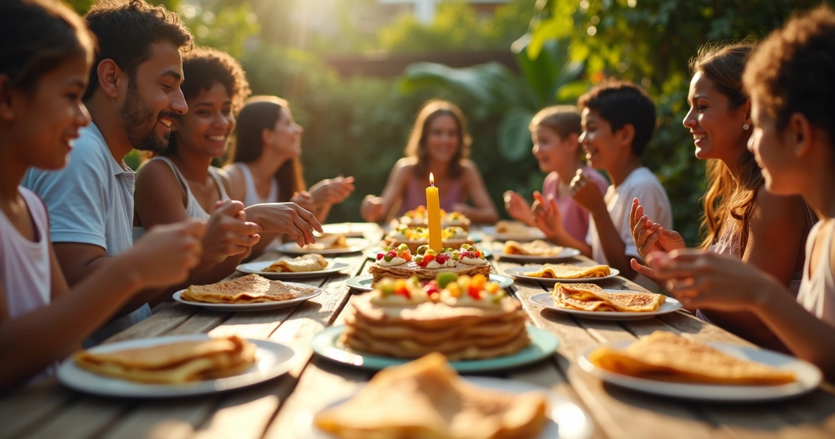 Família celebrando e comendo crepes em mesa ao ar livre 