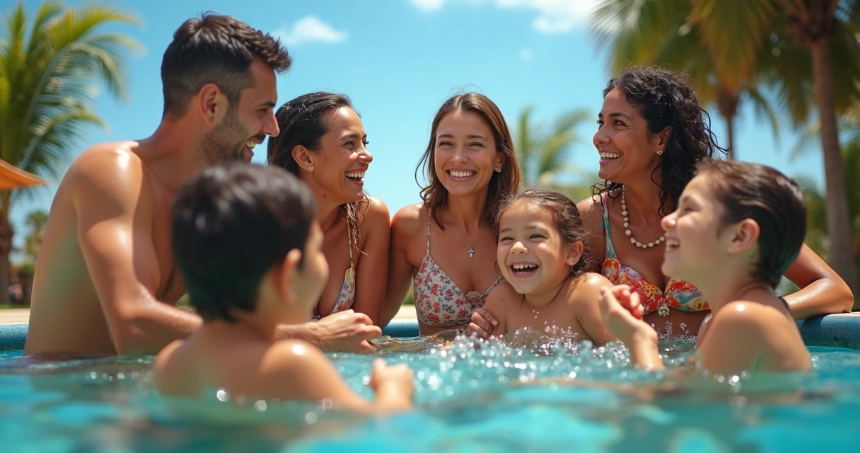 Família brasileira celebrando festa na piscina de casa em Orlando 