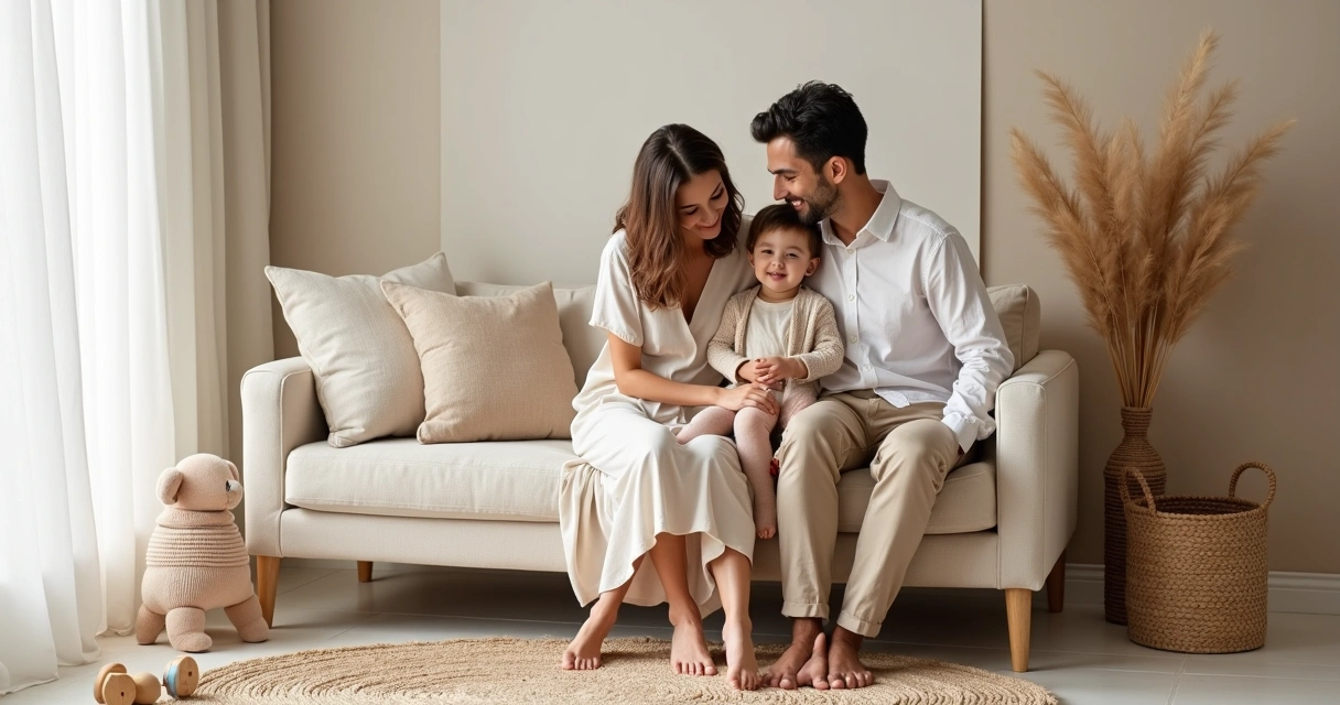 Família em ensaio fotográfico usando roupas coordenadas em tons neutros 