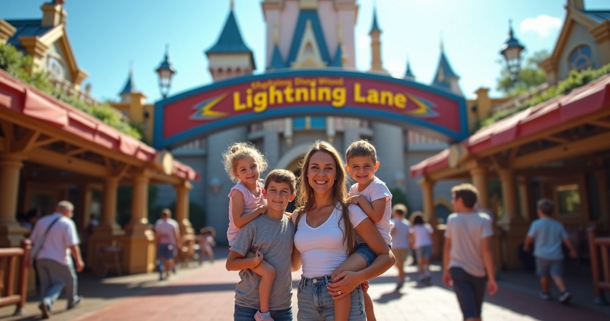 Família no início da fila rápida da Disney, sorridentes diante da placa de Lightning Lane 