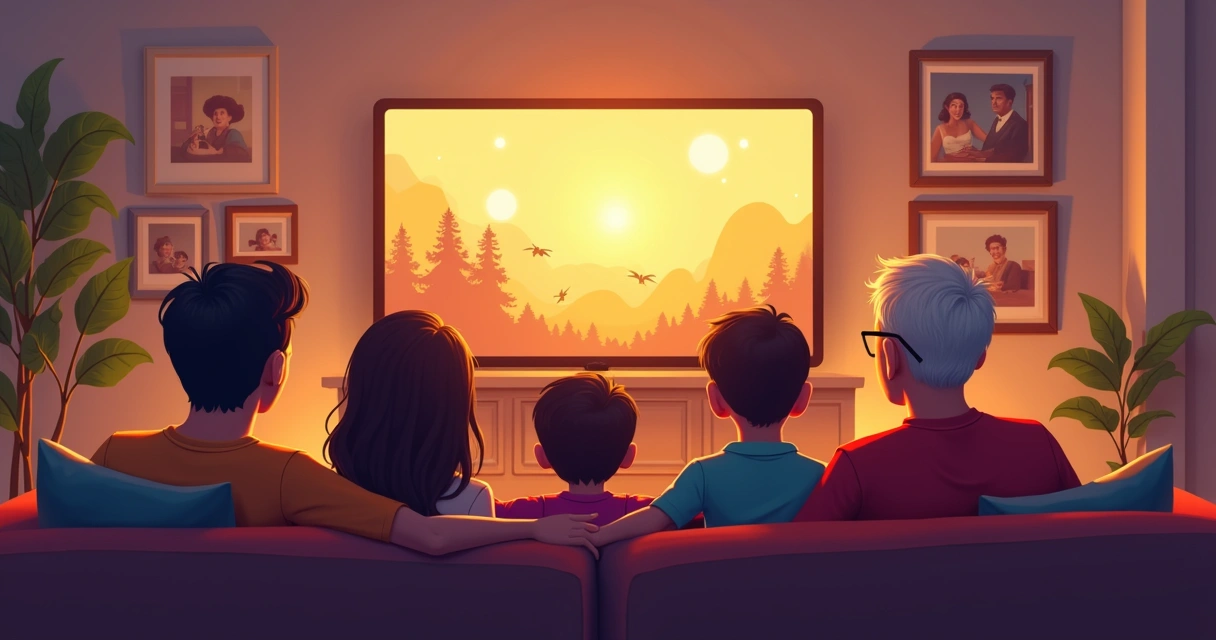 Família reunida assistindo juntos a um filme clássico infantil 