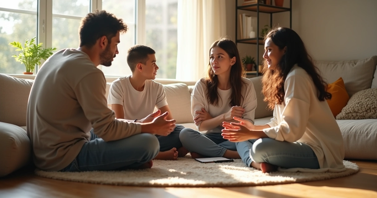 Família reunida em sala de estar praticando conversa consciente e afetuosa 