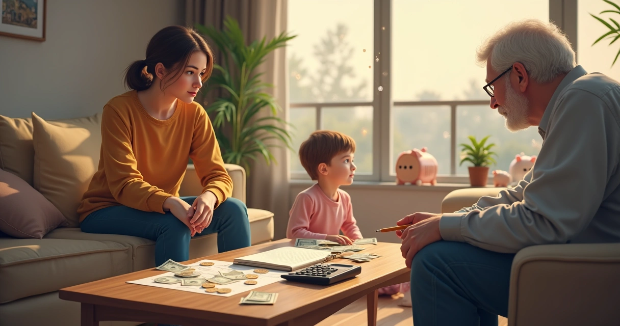 Família em sala de estar com silhuetas ligadas a símbolos de dinheiro 