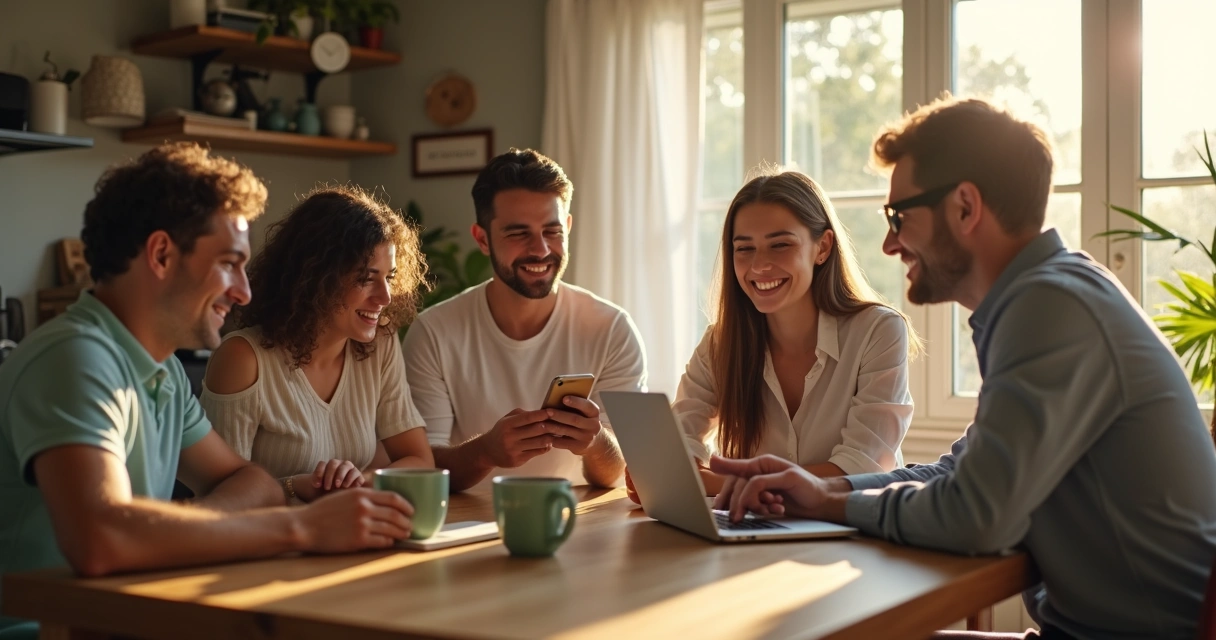 Família conversando sobre despesas no WhatsApp sentados à mesa 