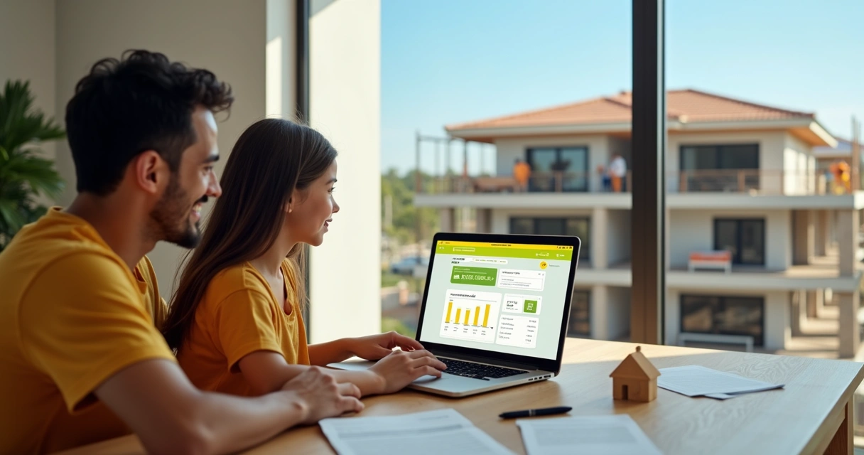 Família analisando simulação de financiamento imobiliário da Caixa em frente a uma casa em construção 