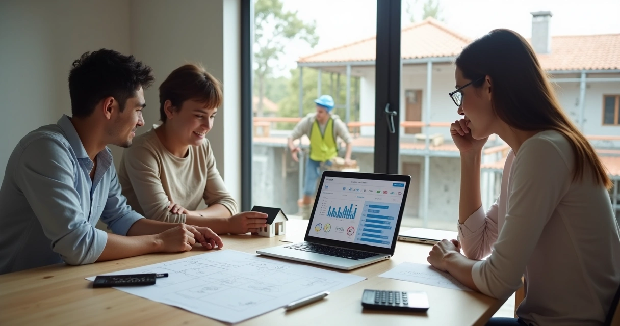 Família analisando projeto de casa e financiamento Caixa com notebook e planta na mesa 