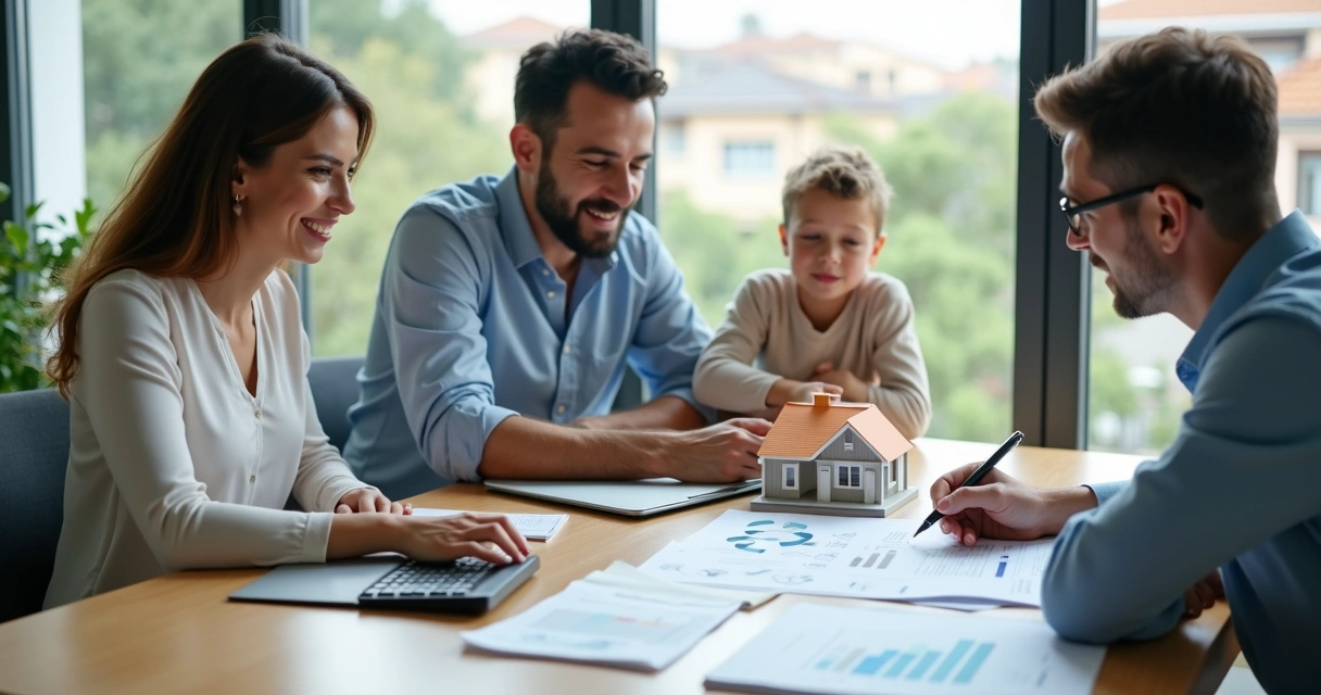 Família analisando financiamento de casa com corretor e maquete sobre a mesa 