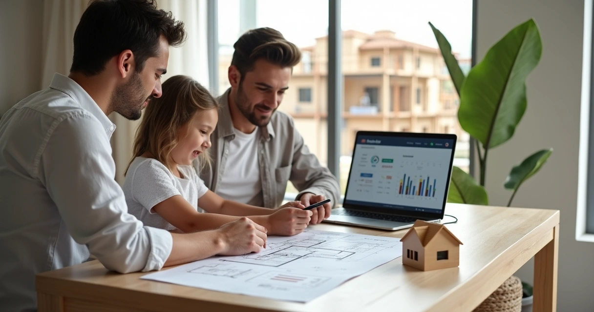 Família analisando projeto de casa com planta e notebook sobre financiamento imobiliário 
