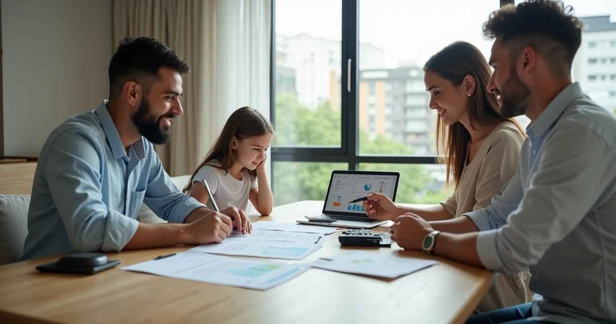 Família analisando contrato de financiamento imobiliário com consultor em casa moderna 