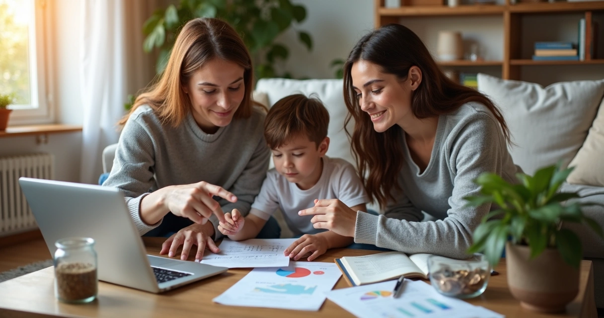 Familia revisando finanzas en la sala con ambiente armonioso 