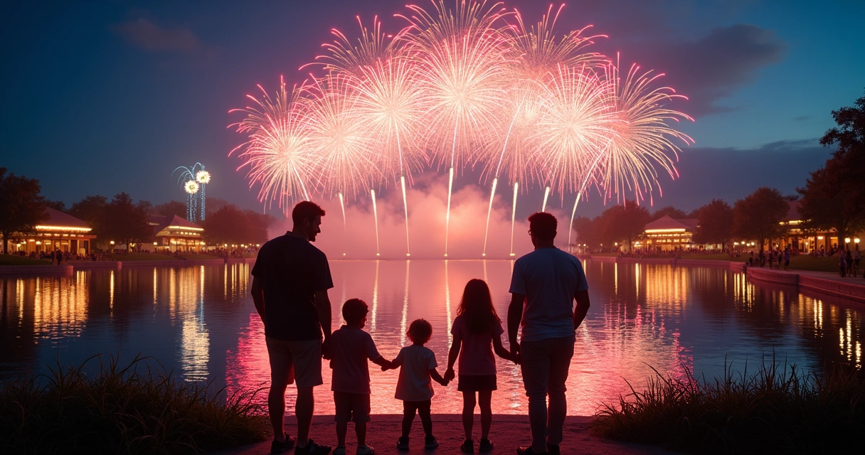Família assistindo fogos de artifício sobre lago à noite no Epcot 