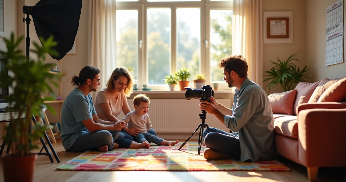 Família em sessão fotográfica com fotógrafo organizando equipamentos 