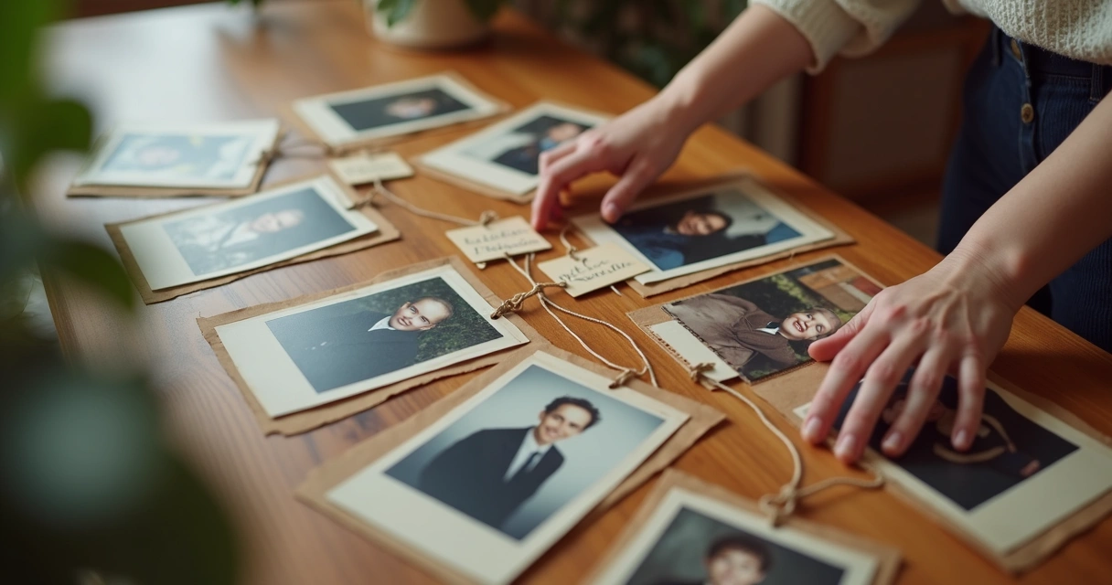 Fotos antigas de família espalhadas sobre uma mesa formando uma linha do tempo