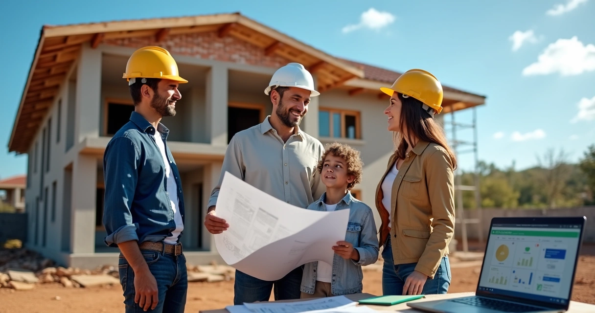 Família observando obra de casa financiada com engenheiro mostrando planta 