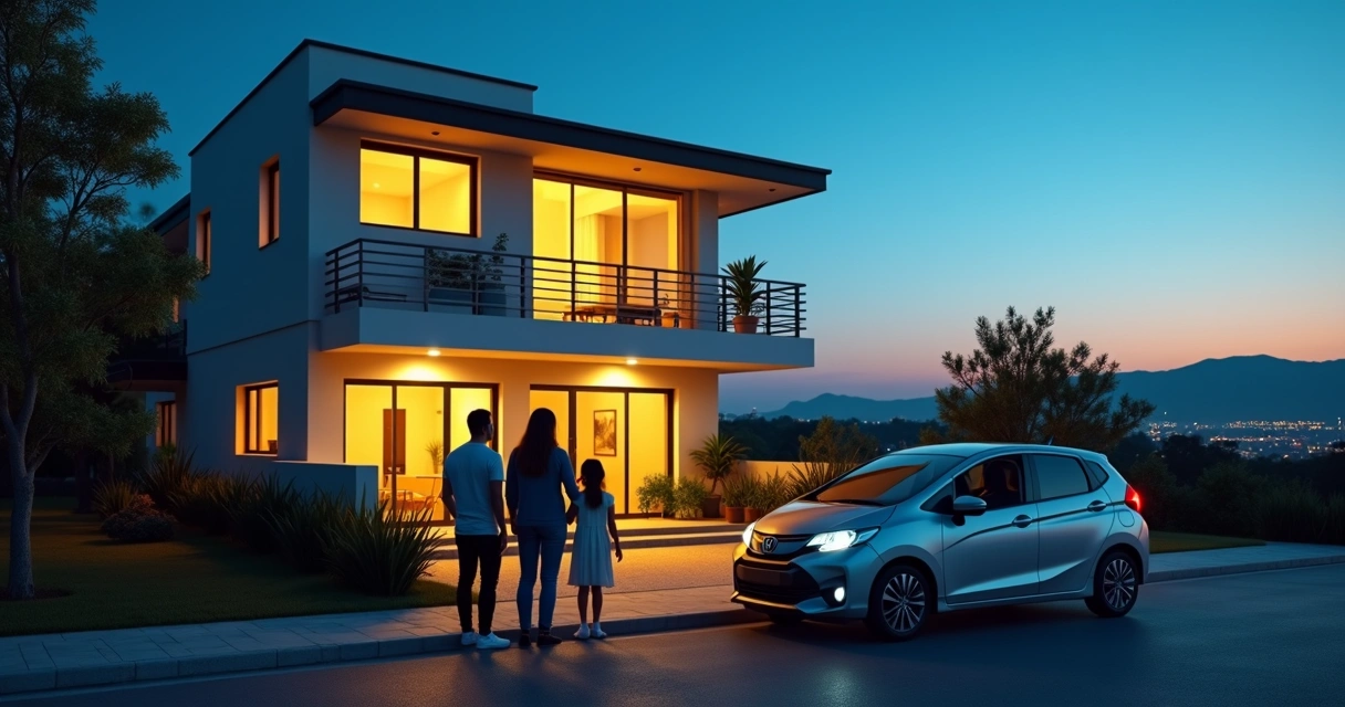 Família observando nova casa iluminada ao anoitecer em bairro urbano 