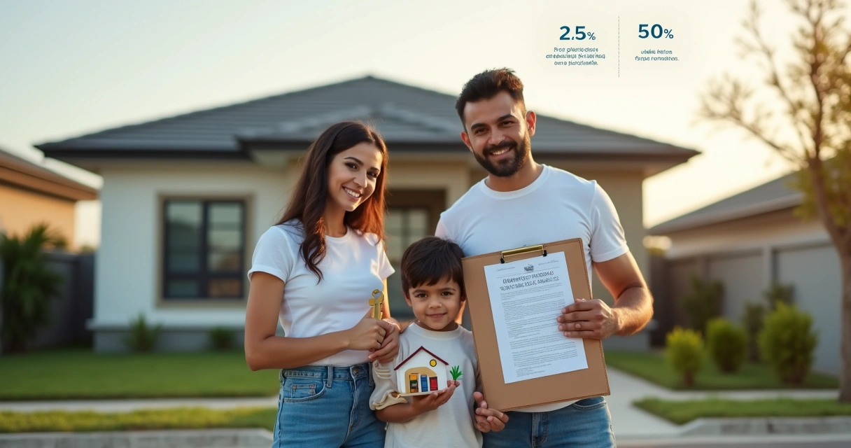 Família em frente à casa segurando contrato e chave de financiamento 
