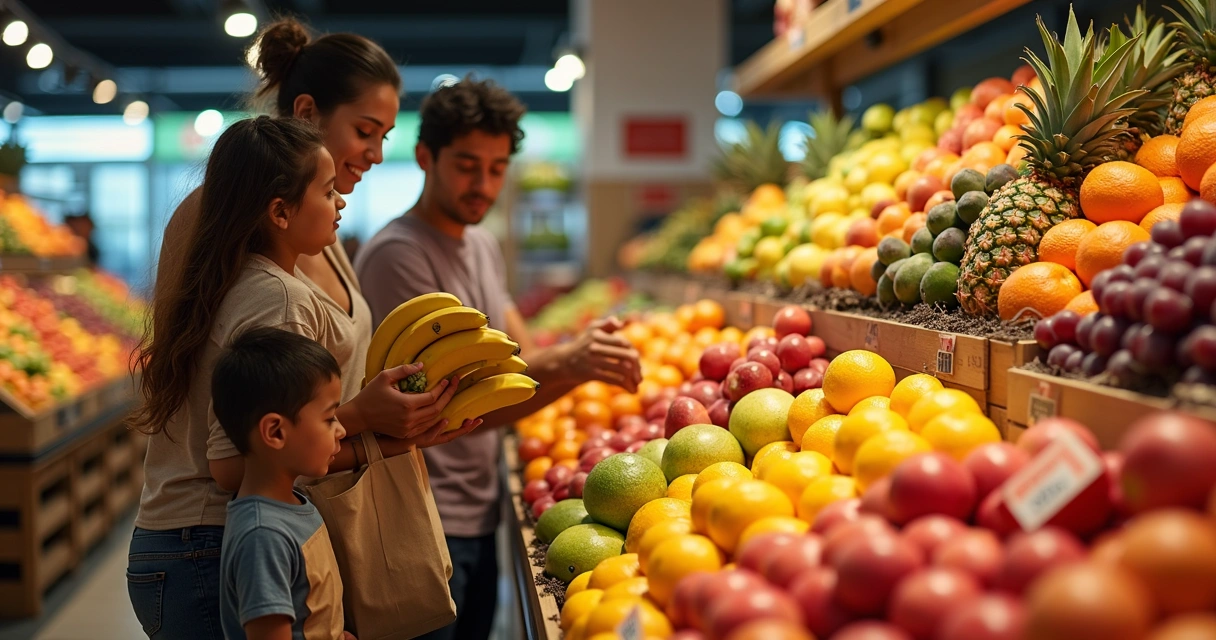 Família brasileira escolhendo frutas frescas coloridas no supermercado 