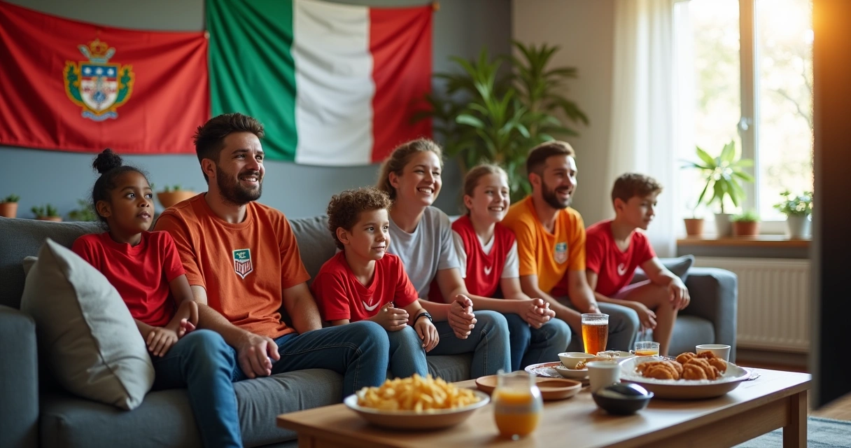 Familia sentada en el sofá viendo un partido de fútbol juntos
