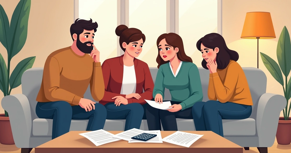 Família preocupada sentada no sofá com contas médicas e calculadora 