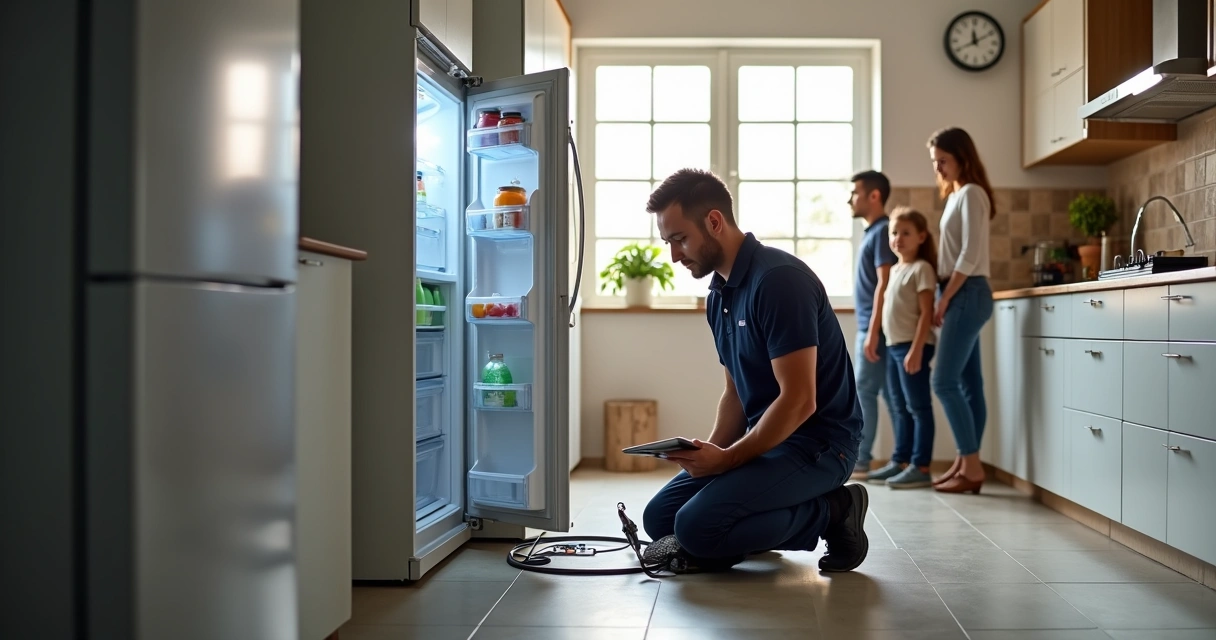 Família observando técnico de geladeira realizando assistência na cozinha 