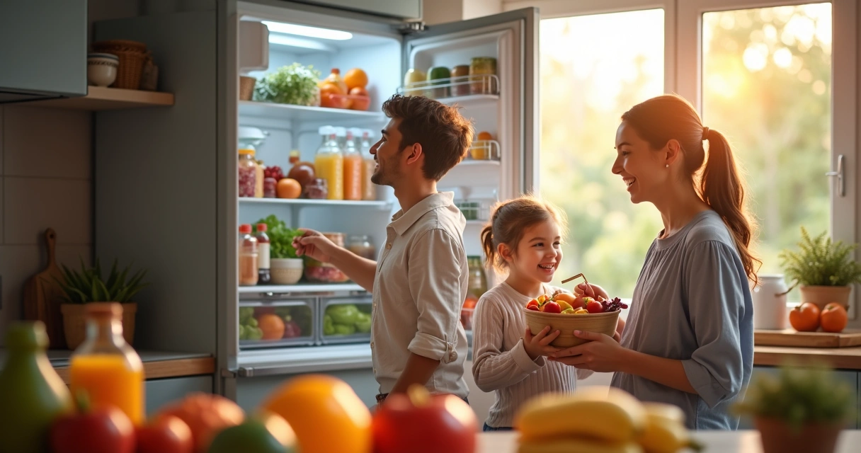Família feliz na cozinha com geladeira funcionando bem 