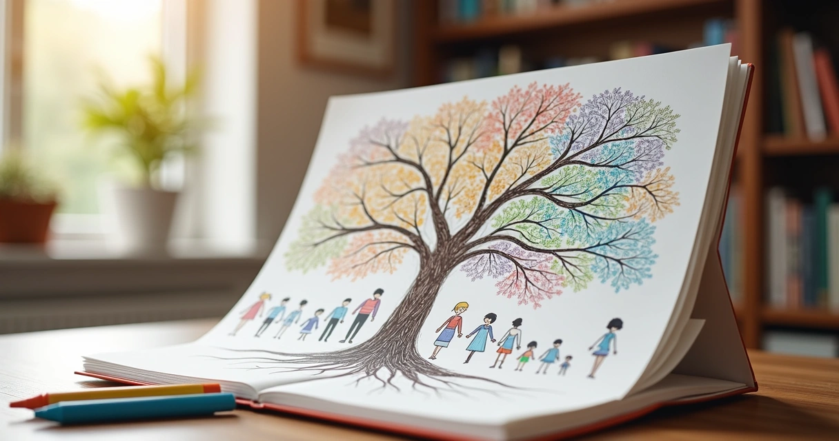 Genograma colorido desenhado à mão com laços entre membros de uma família multigeracional. 