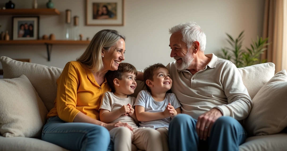 Três gerações de pessoas da mesma família sentadas juntas em um sofá, olhando uma para a outra 