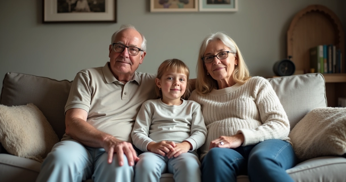 Três gerações de uma família sentadas juntas no sofá com expressões pensativas