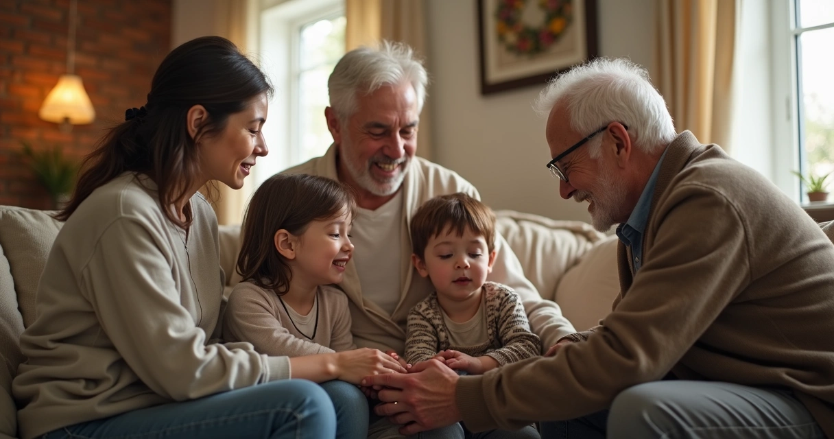 Três gerações de uma família sentadas em círculo, trocando olhares e gestos de apoio 