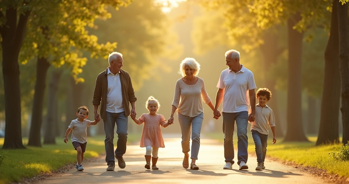 Quatro gerações de uma família caminhando juntas de mãos dadas em um parque ensolarado