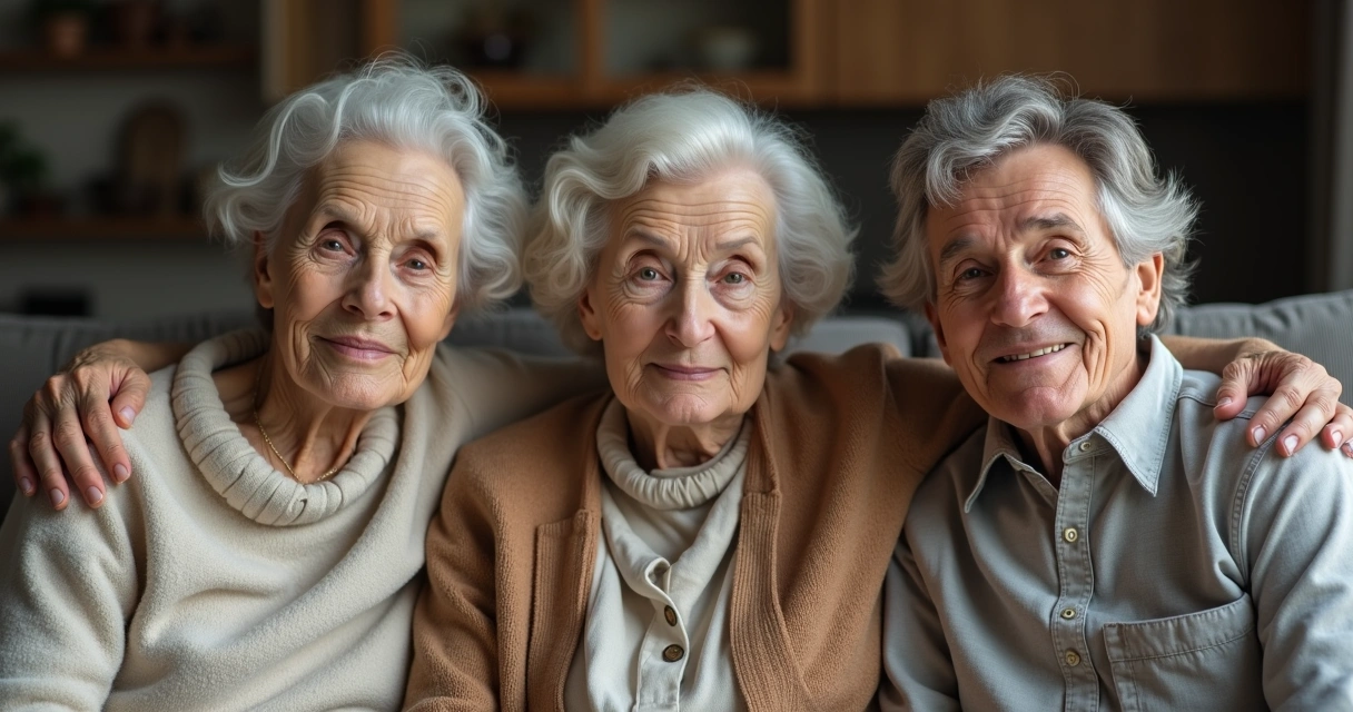 Três gerações de uma família sentadas juntas em sala, olhares parecidos, roupas em tons neutros, luz suave 