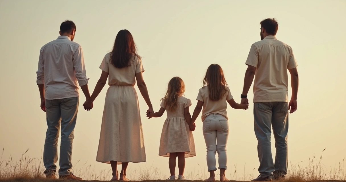 Três gerações de família de mãos dadas em cenário natural